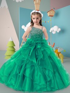 Turquoise Ball Gowns Organza Asymmetric Sleeveless Beading and Ruffles Floor Length Zipper Pageant Gowns For Girls