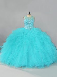 Extravagant Ball Gowns Ball Gown Prom Dress Aqua Blue Scoop Tulle Sleeveless Floor Length Lace Up