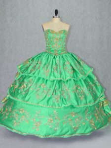 Sleeveless Satin and Organza Floor Length Lace Up Quinceanera Gown in Green with Embroidery and Ruffled Layers