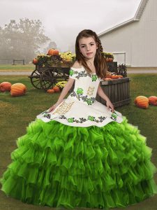 Trendy Sleeveless Lace Up Floor Length Embroidery and Ruffled Layers Little Girl Pageant Gowns