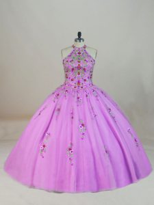 Hot Sale Lilac Tulle Lace Up Vestidos de Quinceanera Sleeveless Brush Train Appliques and Embroidery