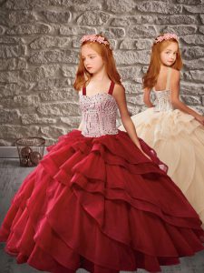 Wine Red Sleeveless Beading and Ruffled Layers Floor Length Little Girls Pageant Gowns