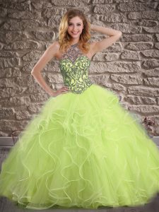 Affordable Sleeveless Beading and Ruffles Lace Up Quince Ball Gowns with Yellow Green Brush Train