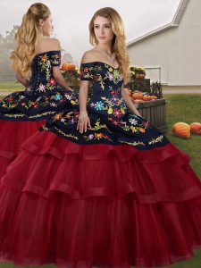 Tulle Off The Shoulder Sleeveless Brush Train Lace Up Embroidery and Ruffled Layers Quince Ball Gowns in Wine Red