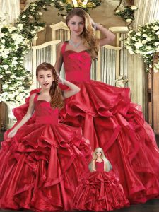 Delicate Red Sleeveless Floor Length Ruffles Lace Up 15th Birthday Dress