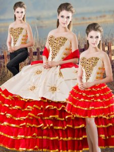 Floor Length Lace Up Quince Ball Gowns White And Red for Sweet 16 and Quinceanera with Beading and Ruffled Layers