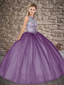 Beading 15 Quinceanera Dress Dark Purple Lace Up Sleeveless Floor Length