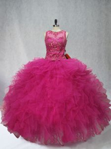 Sweet Scoop Sleeveless Lace Up Quince Ball Gowns Fuchsia Tulle