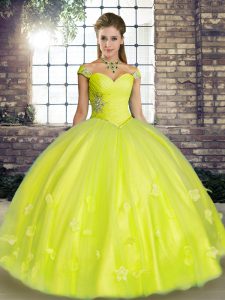 Sleeveless Tulle Floor Length Lace Up Vestidos de Quinceanera in Yellow Green with Beading and Appliques