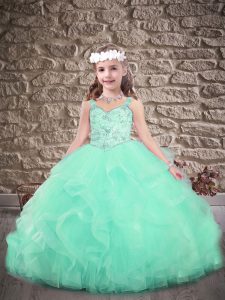 Tulle Straps Sleeveless Sweep Train Lace Up Beading and Ruffles Kids Pageant Dress in Apple Green