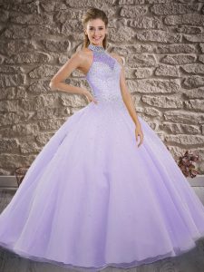 Perfect Beading 15th Birthday Dress Lavender Lace Up Sleeveless Brush Train