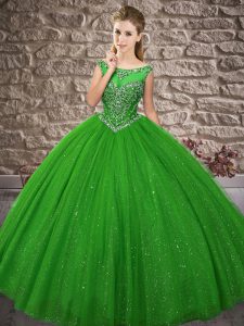 Fabulous Tulle Off The Shoulder Sleeveless Zipper Beading 15 Quinceanera Dress in Green