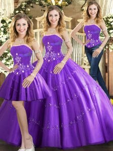 Floor Length Purple Quince Ball Gowns Strapless Sleeveless Lace Up