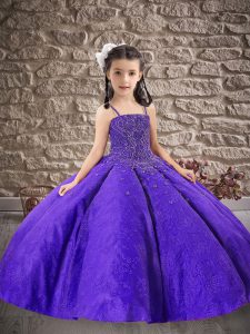 Unique Purple Spaghetti Straps Lace Up Beading and Embroidery Kids Pageant Dress Sleeveless