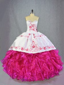 Elegant Sleeveless Beading and Embroidery and Ruffles Lace Up Sweet 16 Quinceanera Dress with Hot Pink Brush Train