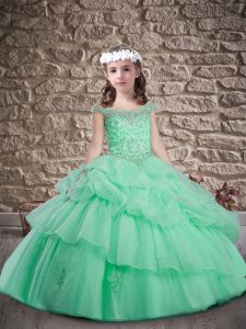 Lace Up Girls Pageant Dresses Apple Green for Wedding Party with Beading and Pick Ups Sweep Train