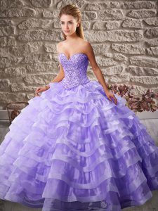 High Class Lavender Sweetheart Neckline Beading and Ruffled Layers 15th Birthday Dress Sleeveless Lace Up