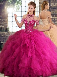 Fuchsia Ball Gowns Beading and Ruffles 15 Quinceanera Dress Lace Up Tulle Sleeveless Floor Length
