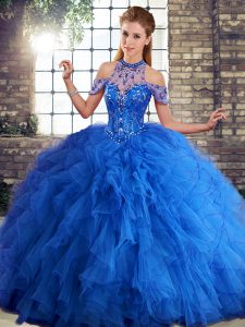 Hot Sale Floor Length Royal Blue Sweet 16 Dresses Tulle Sleeveless Beading and Ruffles