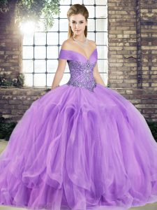 Fancy Lavender Ball Gowns Beading and Ruffles Quinceanera Gown Lace Up Tulle Sleeveless Floor Length