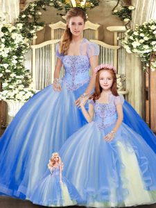 Sweet Blue Tulle Lace Up Strapless Sleeveless Floor Length Ball Gown Prom Dress Beading and Ruffles