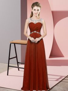Scoop Sleeveless Prom Gown Floor Length Beading Rust Red Chiffon