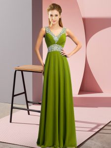 Dynamic Olive Green Prom Dresses Prom and Party with Beading V-neck Sleeveless Lace Up