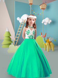 Custom Made Turquoise Ball Gowns Halter Top Sleeveless Chiffon Floor Length Zipper Embroidery Child Pageant Dress
