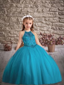 Super Teal Sleeveless Tulle Sweep Train Criss Cross Girls Pageant Dresses for Wedding Party