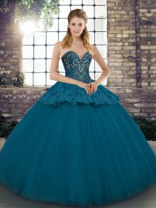 Discount Tulle Sweetheart Sleeveless Lace Up Beading and Appliques Quinceanera Dress in Blue
