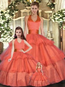High End Ruffled Layers Quinceanera Gown Orange Red Lace Up Sleeveless Floor Length