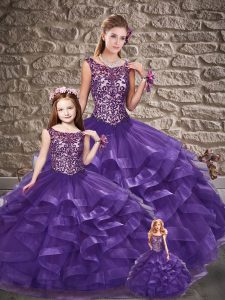 Inexpensive Purple 15 Quinceanera Dress Military Ball and Sweet 16 and Quinceanera with Beading and Ruffles Scoop Sleeve