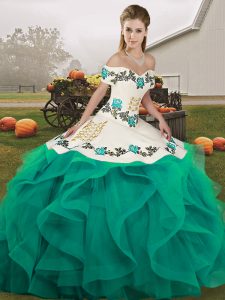 Turquoise Ball Gowns Tulle Off The Shoulder Sleeveless Embroidery and Ruffles Floor Length Lace Up Quinceanera Gown
