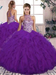 Comfortable Purple Sweet 16 Dresses Military Ball and Sweet 16 and Quinceanera with Beading and Ruffles Halter Top Sleev