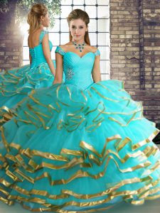 Off The Shoulder Sleeveless Tulle Vestidos de Quinceanera Beading and Ruffled Layers Lace Up