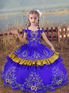Most Popular Ball Gowns Little Girls Pageant Dress Wholesale Blue Off The Shoulder Satin Sleeveless Floor Length Lace Up