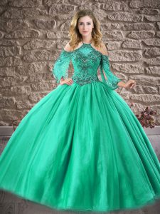 Extravagant Halter Top 3 4 Length Sleeve Zipper Quinceanera Dresses Turquoise Tulle