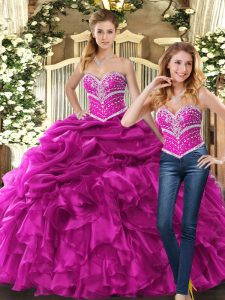 Dynamic Sleeveless Floor Length Beading and Ruffles and Pick Ups Lace Up Sweet 16 Dresses with Fuchsia