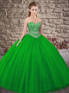 Suitable Lace Up 15 Quinceanera Dress Green for Military Ball and Sweet 16 and Quinceanera with Beading Brush Train