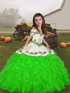 Green Straps Neckline Embroidery and Ruffles Kids Pageant Dress Sleeveless Lace Up