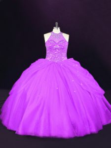 Top Selling Purple Halter Top Neckline Beading Sweet 16 Dresses Sleeveless Lace Up