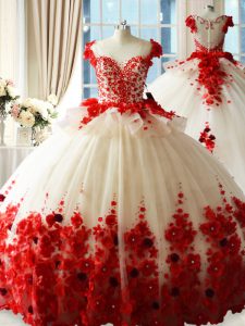 Sleeveless Tulle Brush Train Zipper 15th Birthday Dress in Red with Hand Made Flower