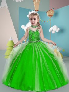 Green Ball Gowns High-neck Sleeveless Tulle Floor Length Zipper Beading Pageant Dress Womens