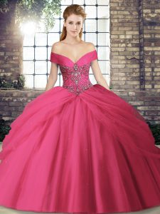 Hot Pink Tulle Lace Up Sweet 16 Quinceanera Dress Sleeveless Brush Train Beading and Pick Ups