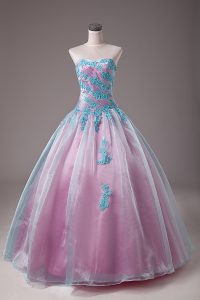 Floor Length Lace Up Sweet 16 Dresses Light Blue for Sweet 16 and Quinceanera with Appliques
