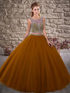 Sleeveless Beading Lace Up Ball Gown Prom Dress with Brown Brush Train