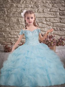 Light Blue Ball Gowns Off The Shoulder Sleeveless Tulle Brush Train Lace Up Beading and Lace and Pick Ups Little Girls P
