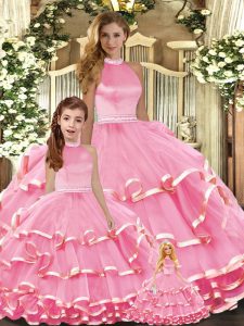 Floor Length Pink 15th Birthday Dress High-neck Sleeveless Lace Up