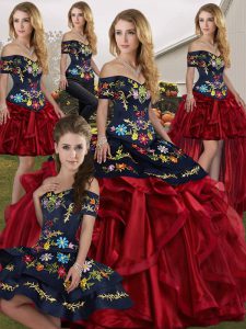 Fitting Red And Black Lace Up Off The Shoulder Embroidery and Ruffles Quinceanera Gown Organza Sleeveless