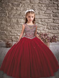 Hot Selling Wine Red Tulle Lace Up Little Girls Pageant Gowns Sleeveless Floor Length Beading